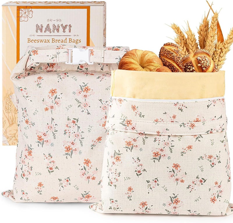 NANYI 2-Pack Reusable Beeswax Bread Bags for Sourdough & Homemade Bread，Cotton Waxed Bags Keeps Fresh Longer(Crimson Bloom) - Image 1